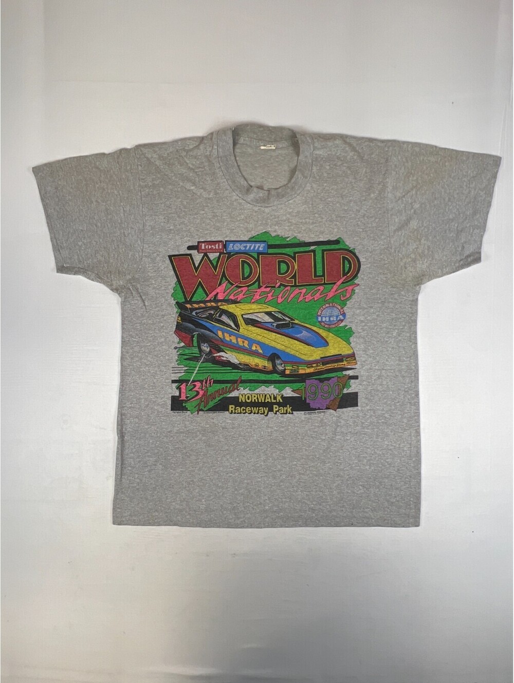 Vintage 1990 Screen Stars T-Shirt Large Grey Drag Racing Norwalk Raceway USA